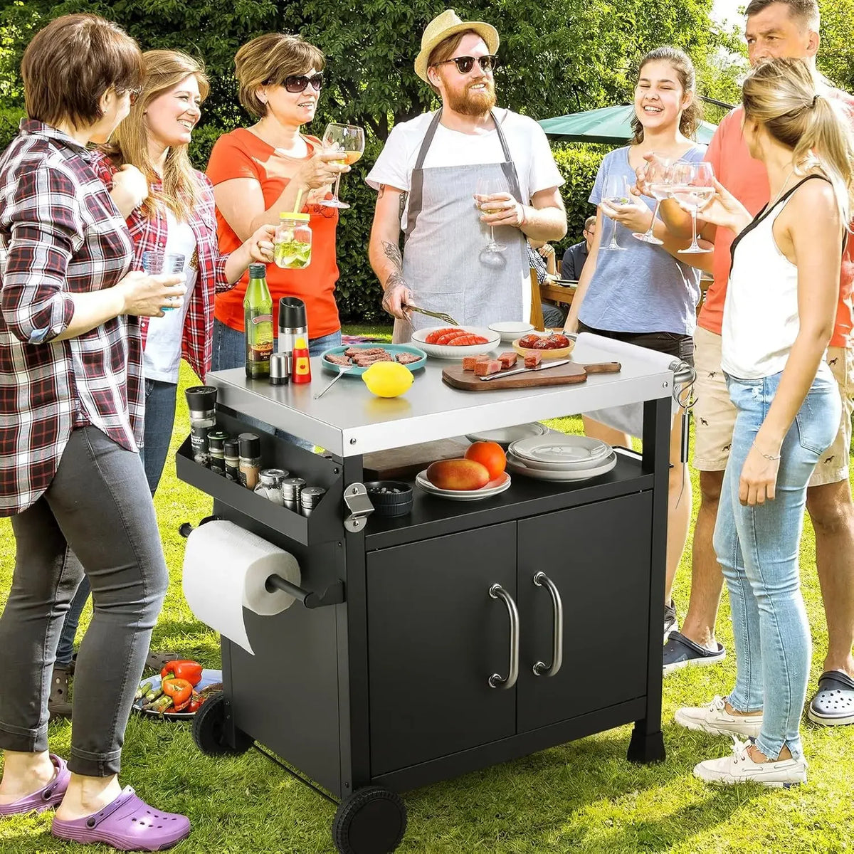 Outdoor Grill Cart Table With Stainless Steel Top For Prep