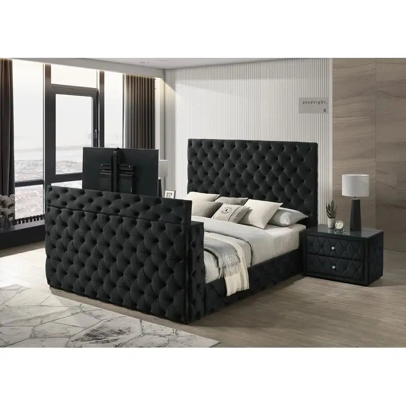 Modern Tufted Velvet Bed With Integrated TV Lift And Storage