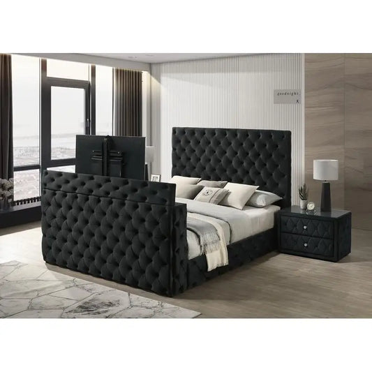 Modern Tufted Velvet Bed With Integrated TV Lift And Storage