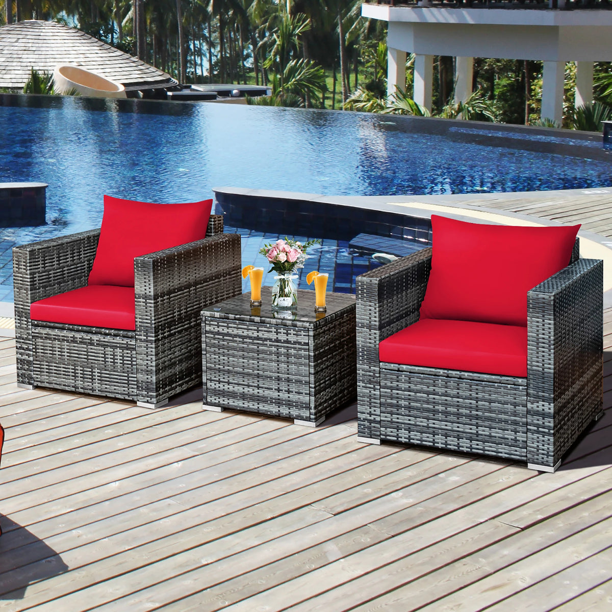 HOMASIS 3 Piece Patio Rattan Bistro Set Cushioned Sofa Chairs Table