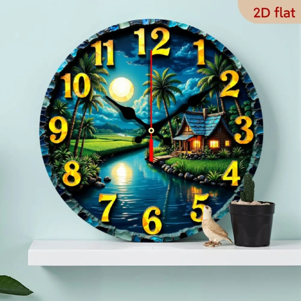 Rustic Farmhouse Wall Clock With Palm Tree Design Silhouette