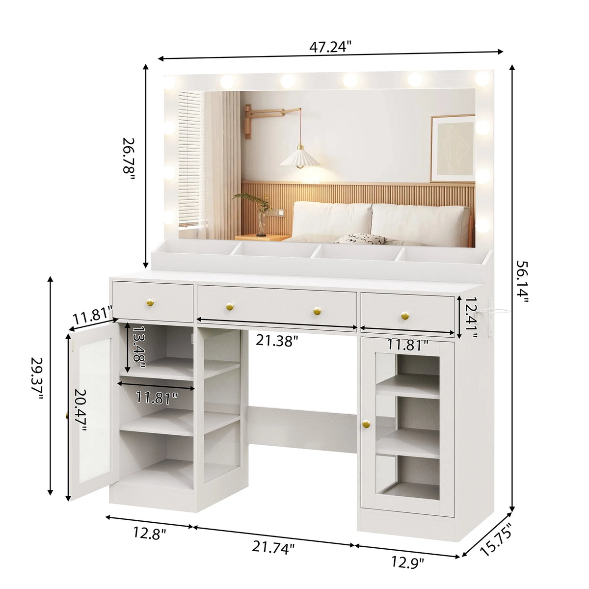 Makeup Vanity With Large Mirror And Lights USB Charging Station