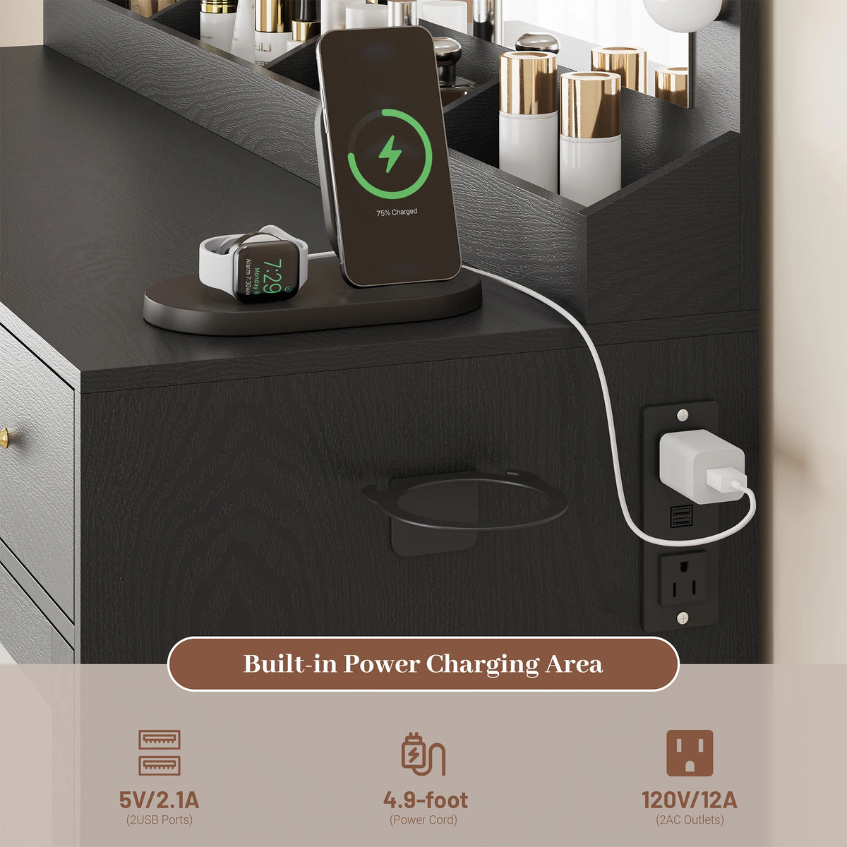 Makeup Vanity With Large Mirror And Lights USB Charging Station