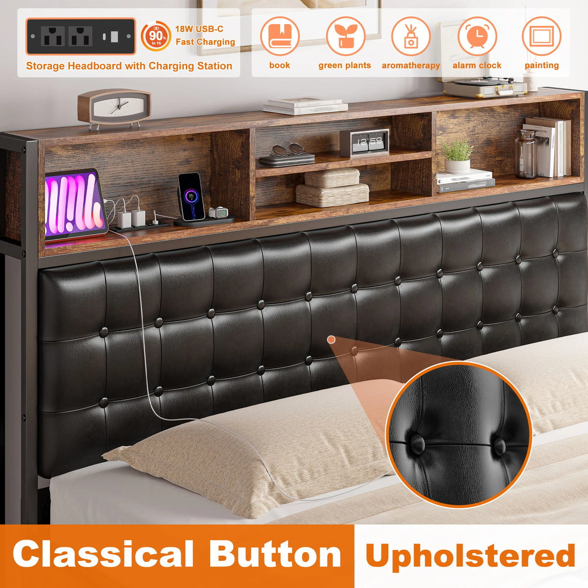 EnHomee Upholstered Platform Bed Frame With Charging Station And Storage Drawers