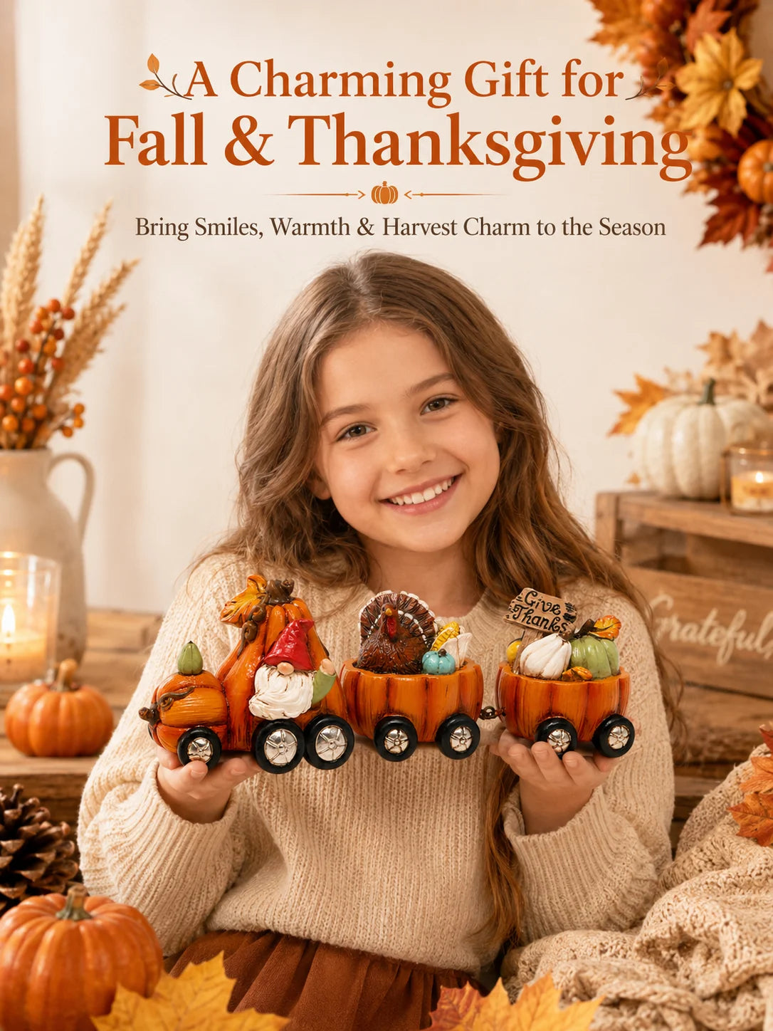 Hodao Resin Thanksgiving Pumpkin Train Figurine With Gnome And Turkey