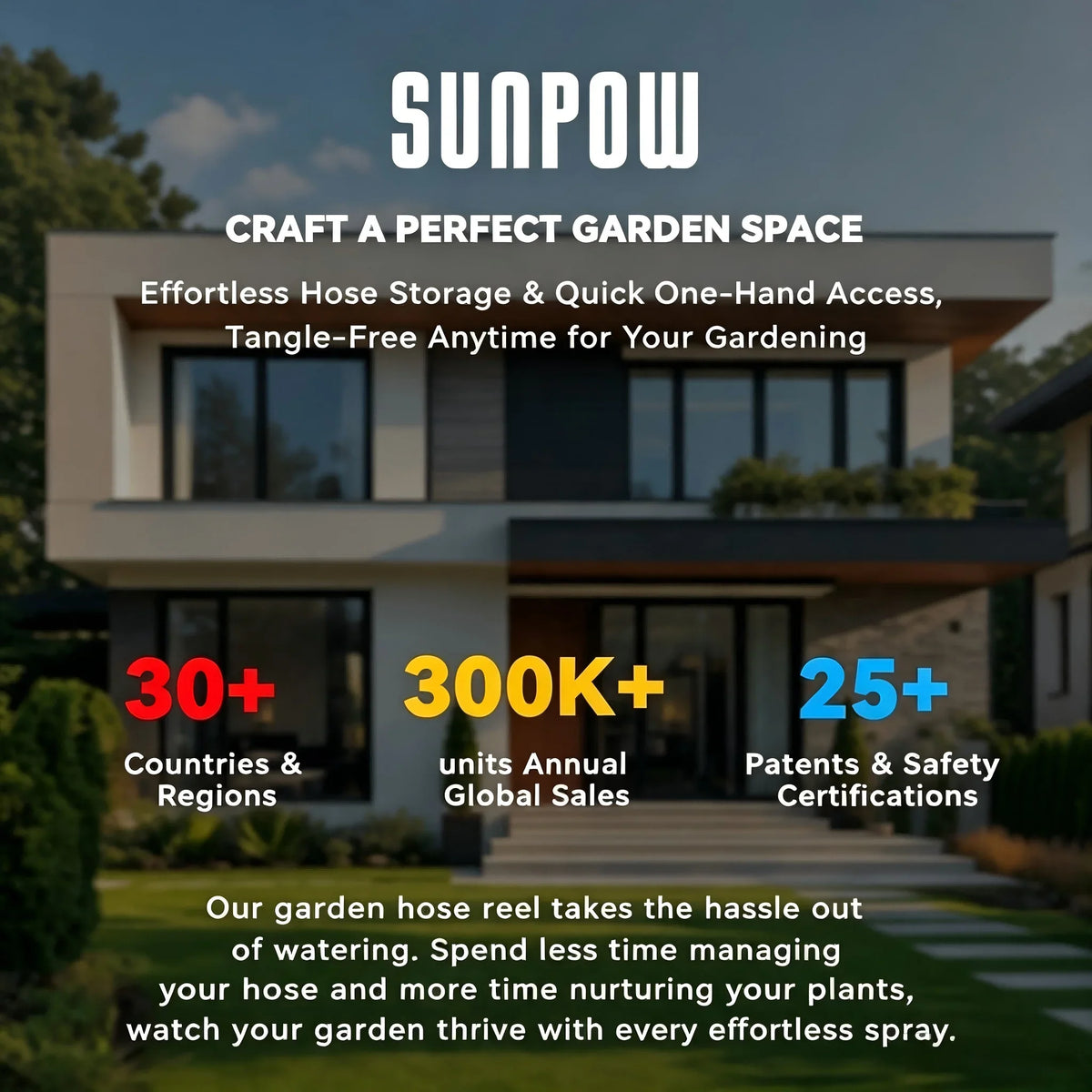 SUNPOW Retractable Garden Hose Reel,5/8in×100FT Wall‑Mount Heavy‑Duty Reel,Any Length Lock,Pulley Guide Rail System,Leak‑Proof 3/4in Brass Fitting,10‑Function Spray Nozzle,180° Swivel Bracket,Auto Rewind for Garden