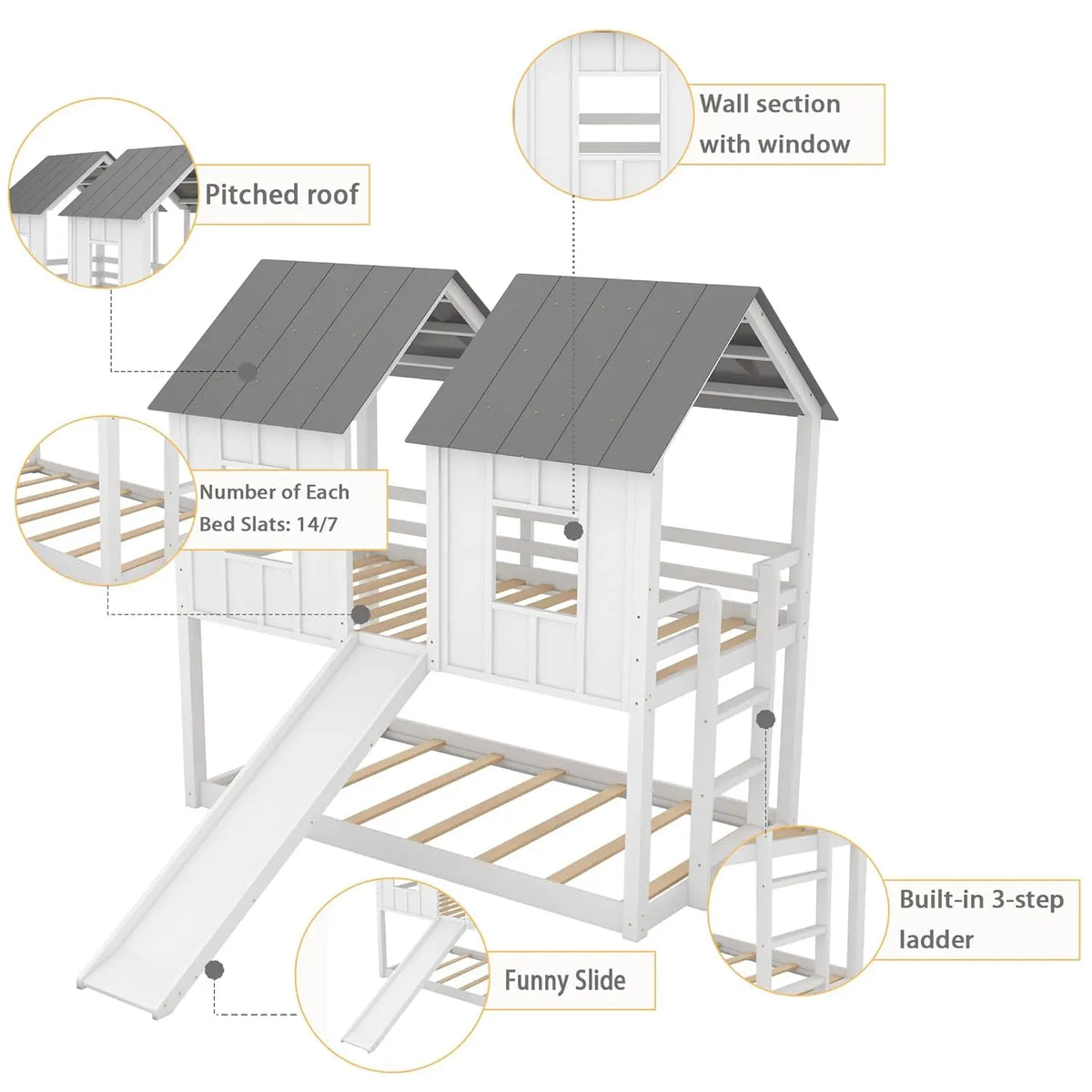 Wooden Bunk Bed With Slide And Guardrails