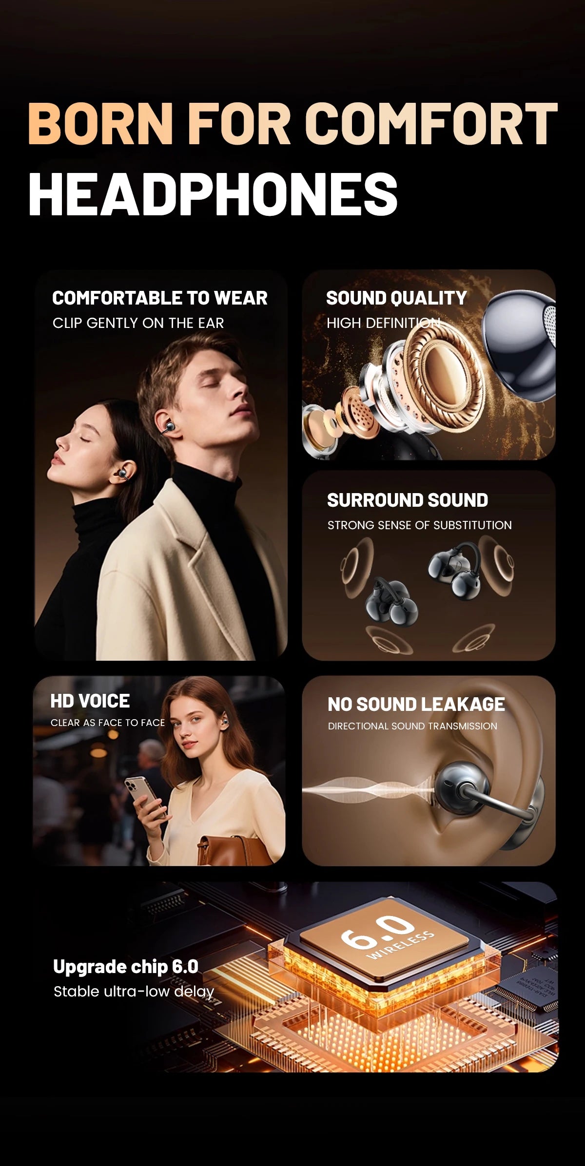 INSONIXN Open Ear Clip Wireless Bluetooth Headphones With Microphone