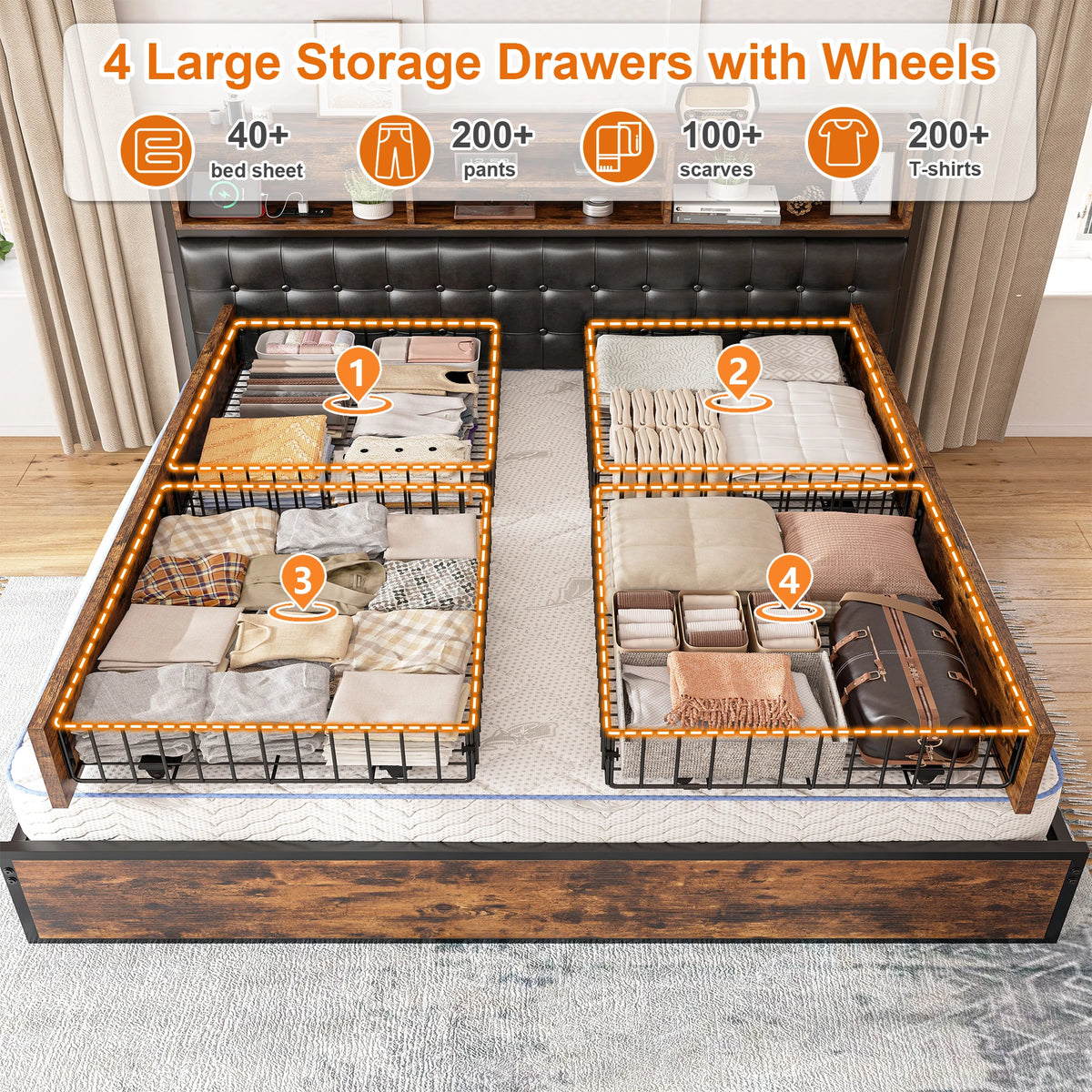 EnHomee Upholstered Platform Bed Frame With Charging Station And Storage Drawers