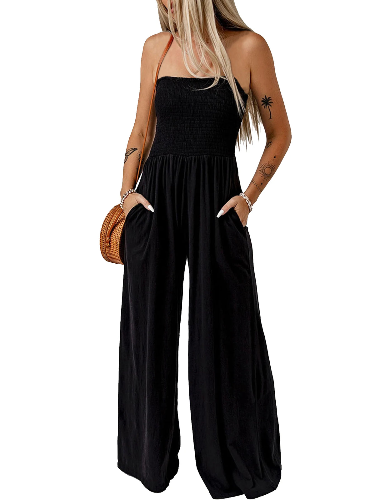 Solid Color Strapless Jumpsuit For Women Casual Polyester Summer Wear