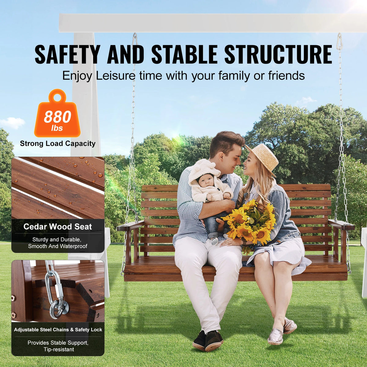 SucceBuy Cedar Wood Porch Swing Outdoor Bench With Steel Chains