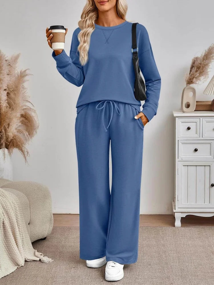 Women's Polyester Knit Two-Piece Set With Long Sleeve Top And Wide Leg Trousers