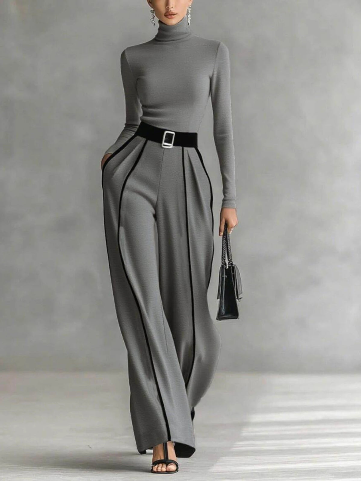 Women Two Piece Set Turtleneck Top Wide Leg Pants