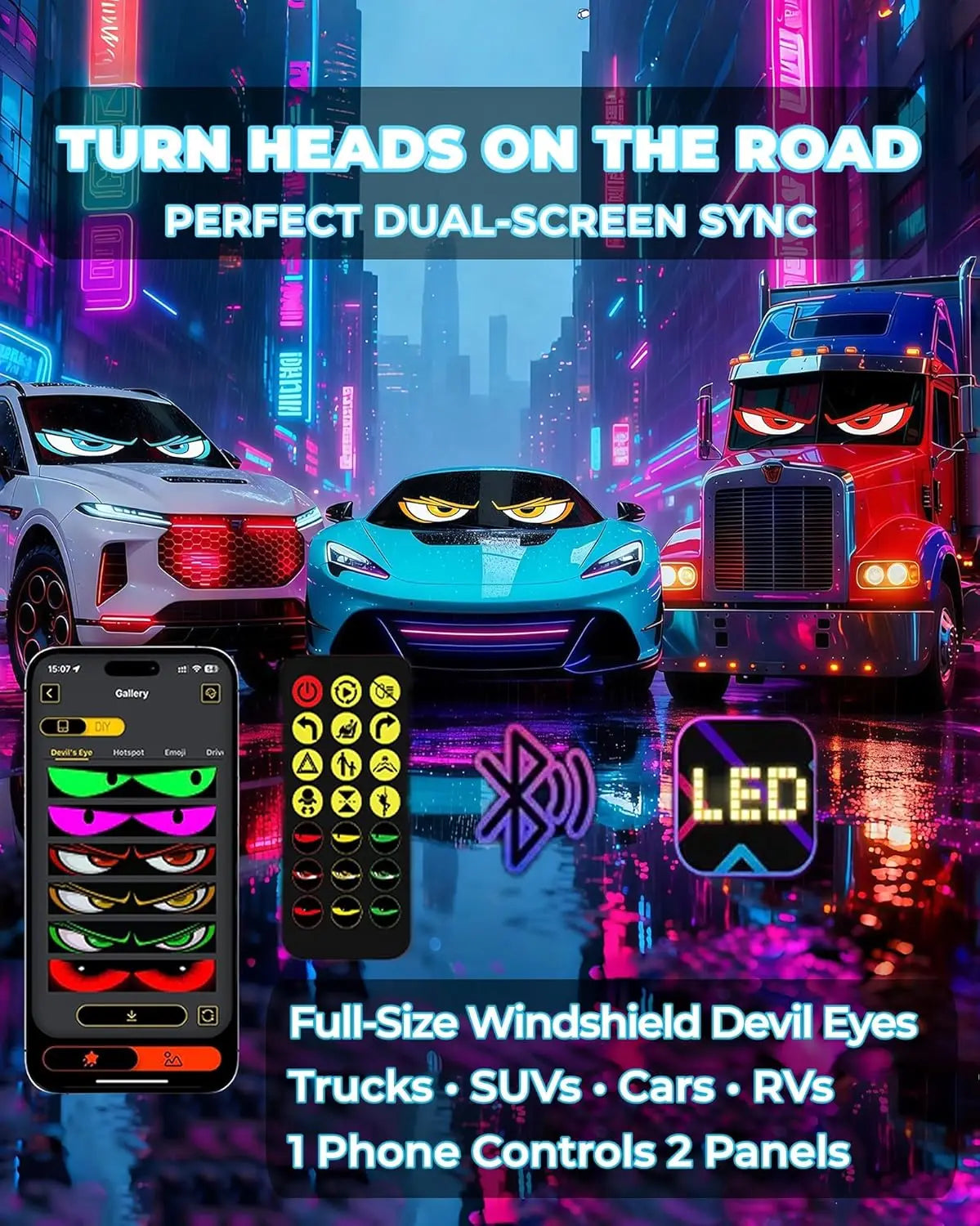 Universal Vehicle LED Devil Eyes Light With Programmable Pixel Panel
