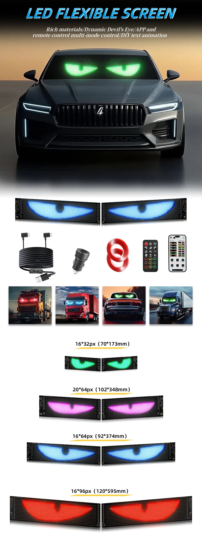 Universal Vehicle LED Devil Eyes Light With Programmable Pixel Panel