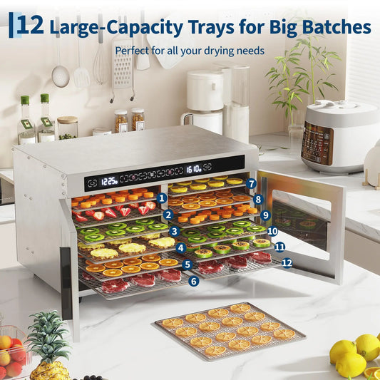 Adoolla Dual Zone Food Dehydrator 12 Tray Stainless Steel Jerky Dryer