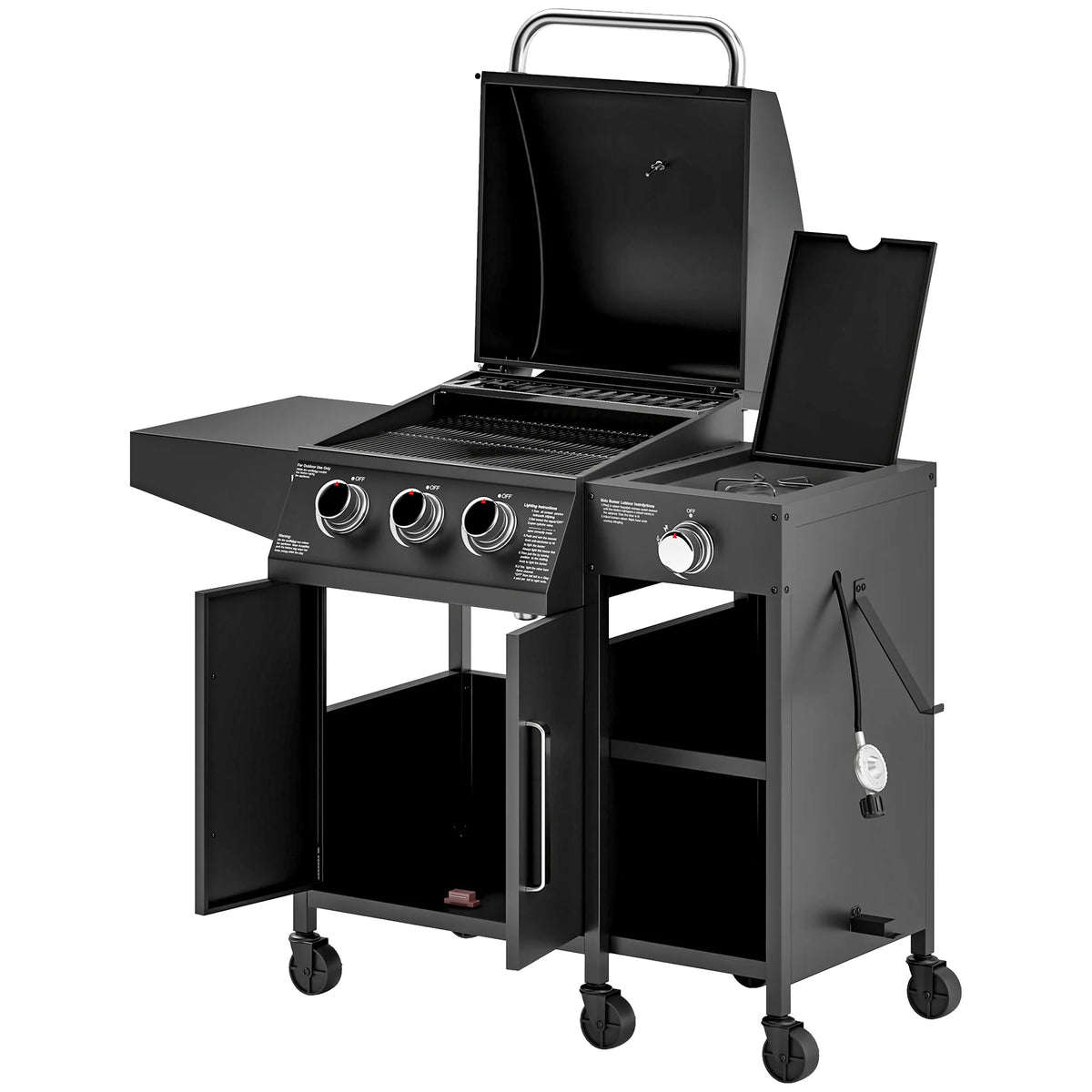 3 Burner Gas Grill With Side Burner And Shelves Propane BBQ