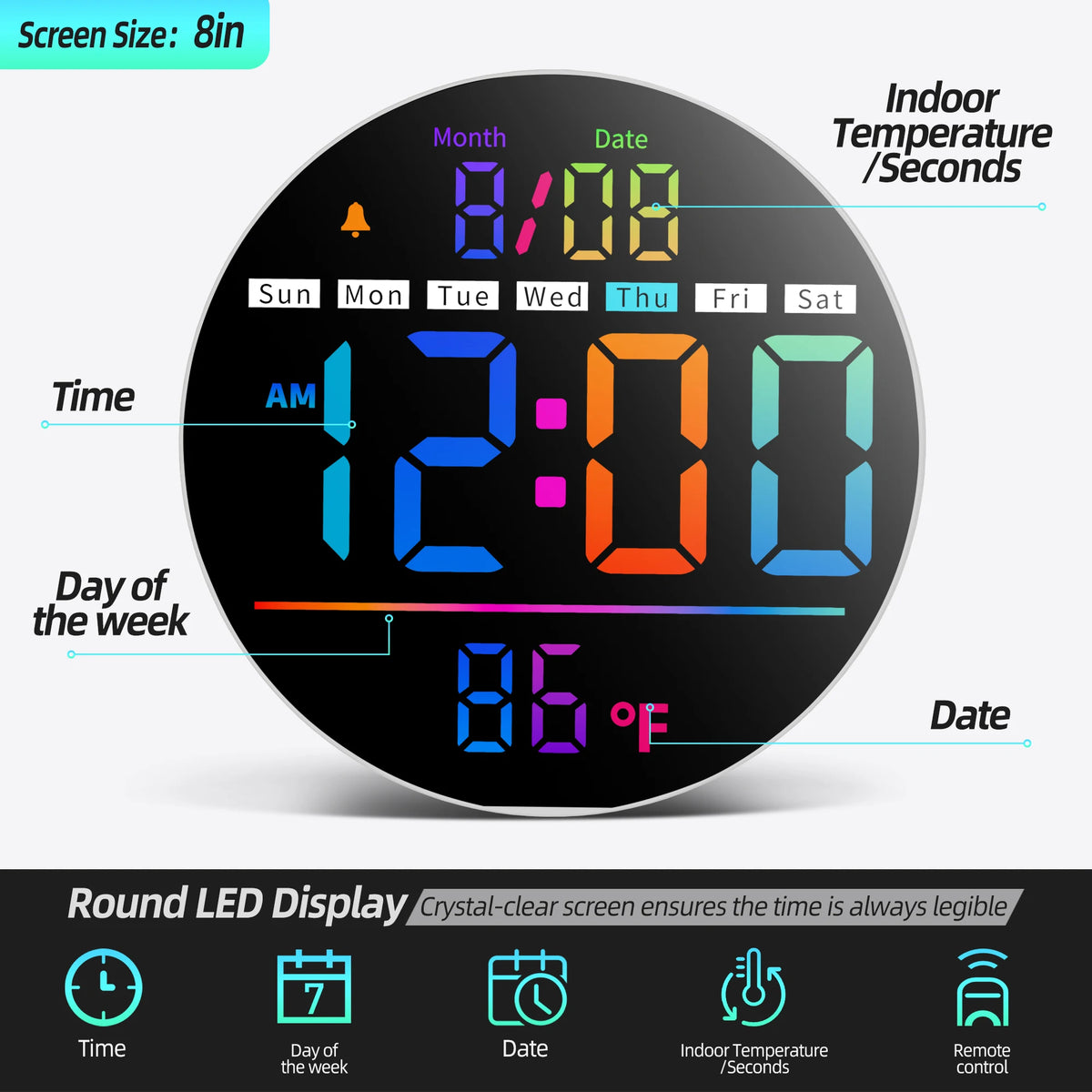 LED Wall Clock With Timer Temperature Date Night Light Alarm