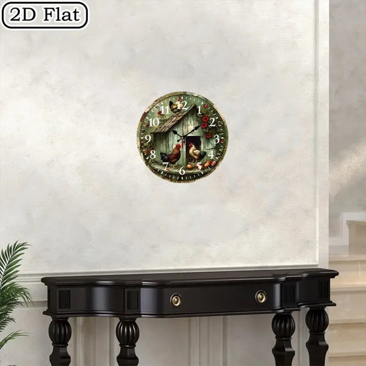 Farmhouse Wall Clock Rooster And Chicken Coop Design Rustic Wood