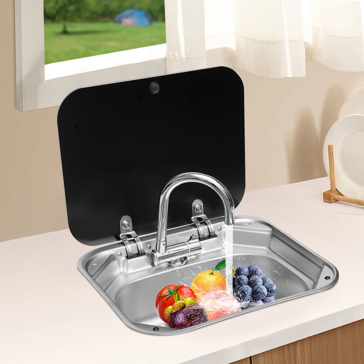 RV Sink With Foldable Tempered Glass Cover And Faucet Stainless Steel Camper Van