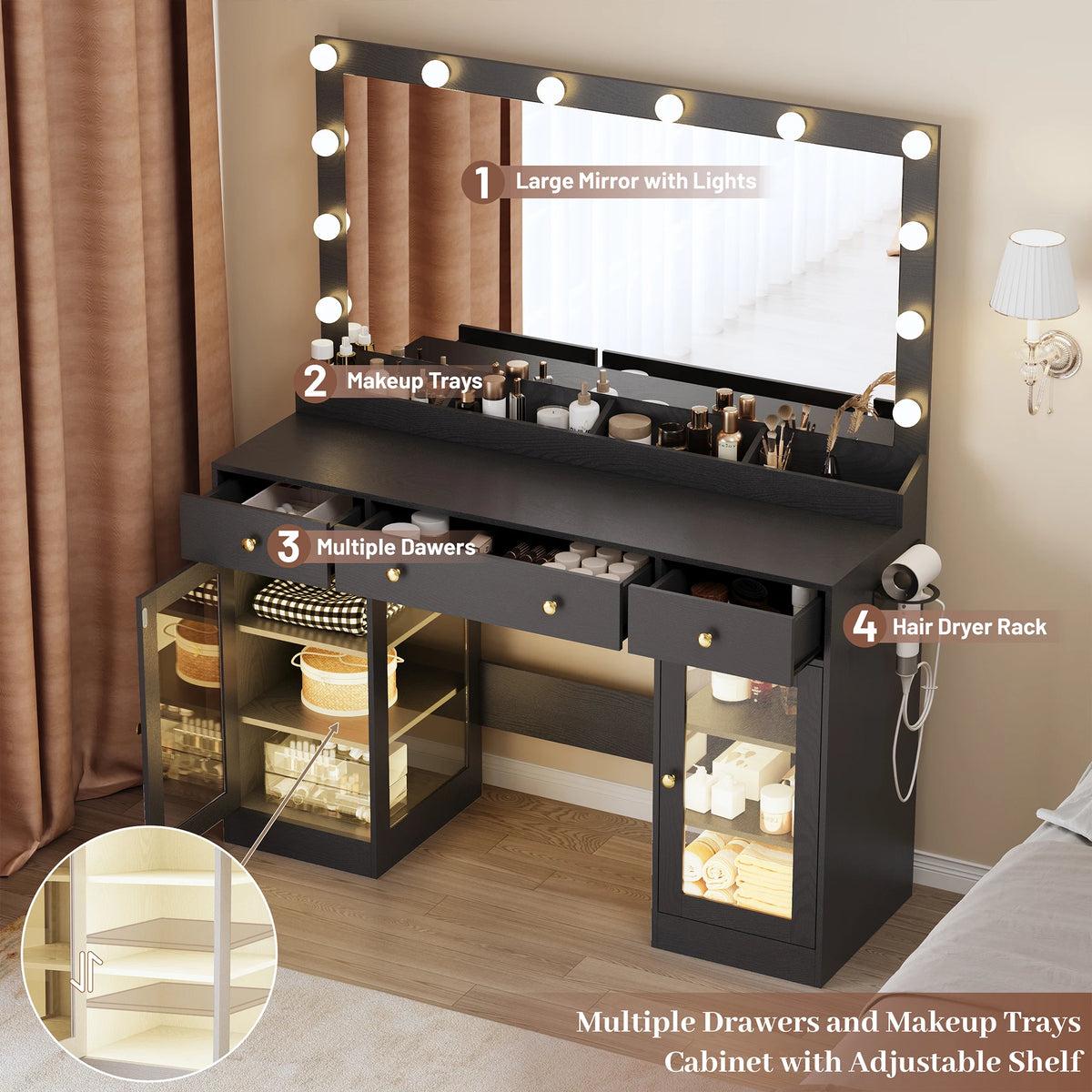 Makeup Vanity With Large Mirror And Lights USB Charging Station