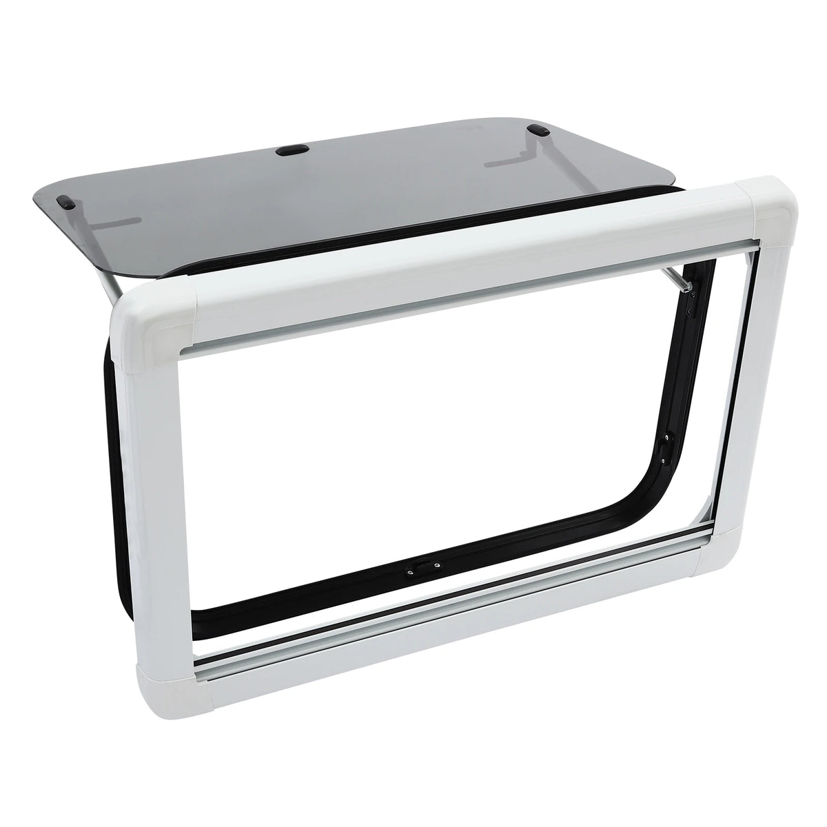 RV Window Hinged With Insect Screen Roller Shade Aluminum Frame