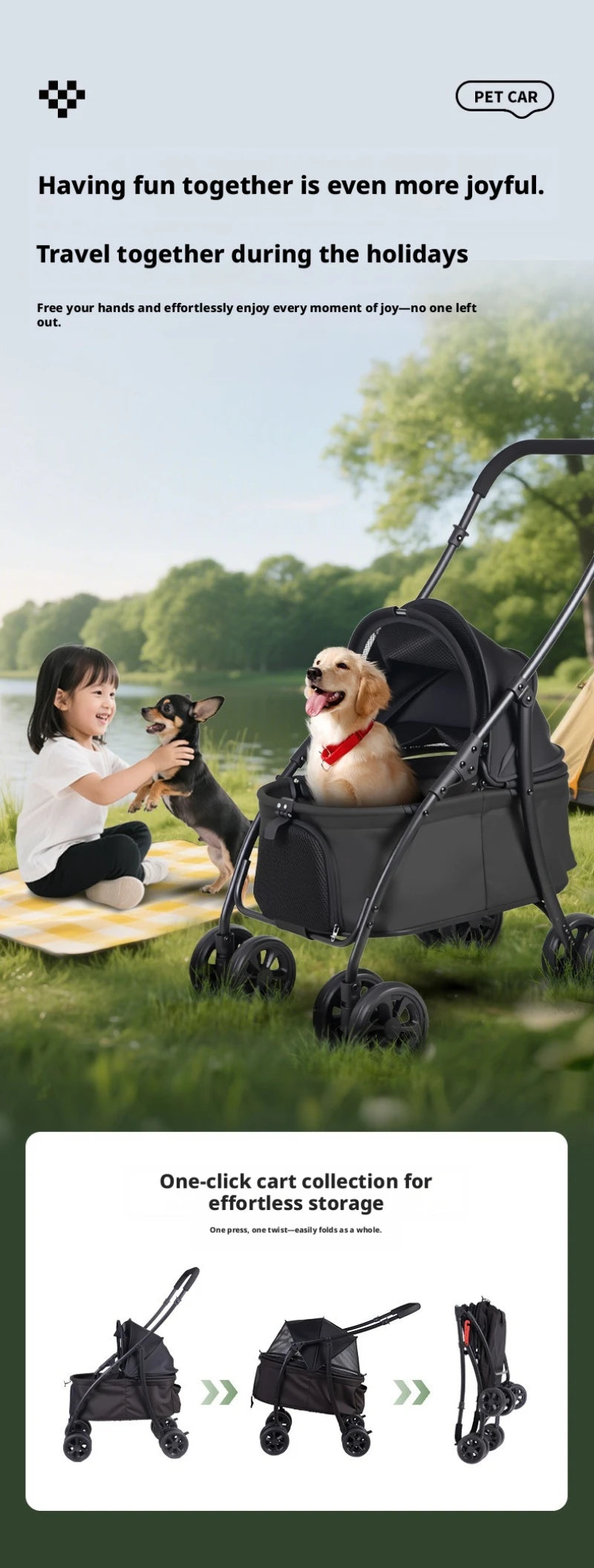 4-Wheel Foldable Pet Stroller with Low 19cm Chassis, Shock-Absorbing 360° Swivel Wheels, Breathable Mesh Windows & Storage Pocket, One-Click Folding Travel Cart for Small Medium Dogs & Cats