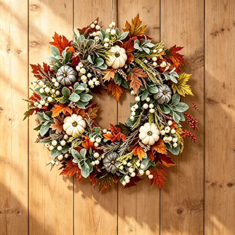 Autumn Harvest Wreath With Pumpkins Pinecones Maple Leaves