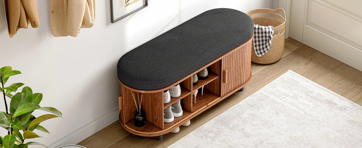 43.3 inch Shoe Storage Bench, 3 Tier Shoe Rack Bench Organizer with Storage, Cushion and Sliding Door Removable