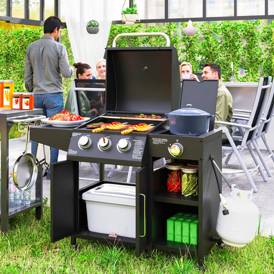 3 Burner Gas Grill With Side Burner And Shelves Propane BBQ