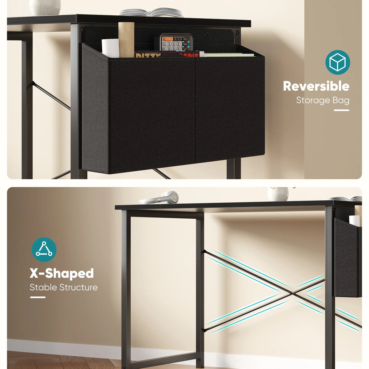 JHK Computer Desk With Storage Bag Metal Frame Wood Tabletop