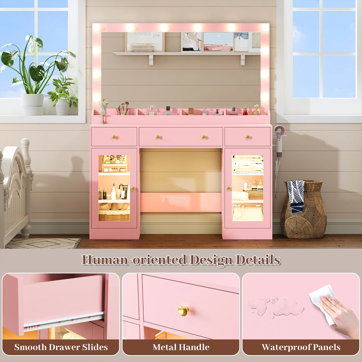 Makeup Vanity With Large Mirror And Lights USB Charging Station