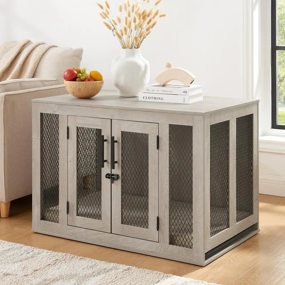Mesh Indoor Dog Crate With Cushion Tray And Engineered Wood End Table Style Kennel
