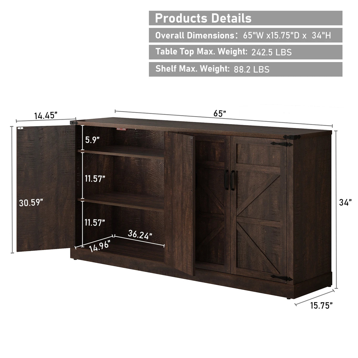 QiaoShiRen Buffet Cabinet With Drawers And Doors Farmhouse Kitchen