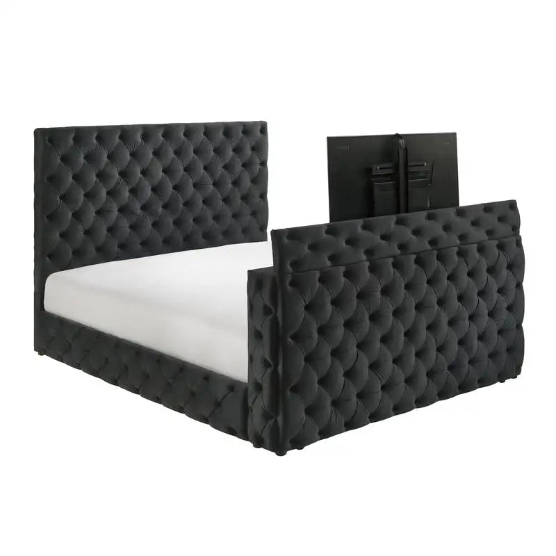 Modern Tufted Velvet Bed With Integrated TV Lift And Storage