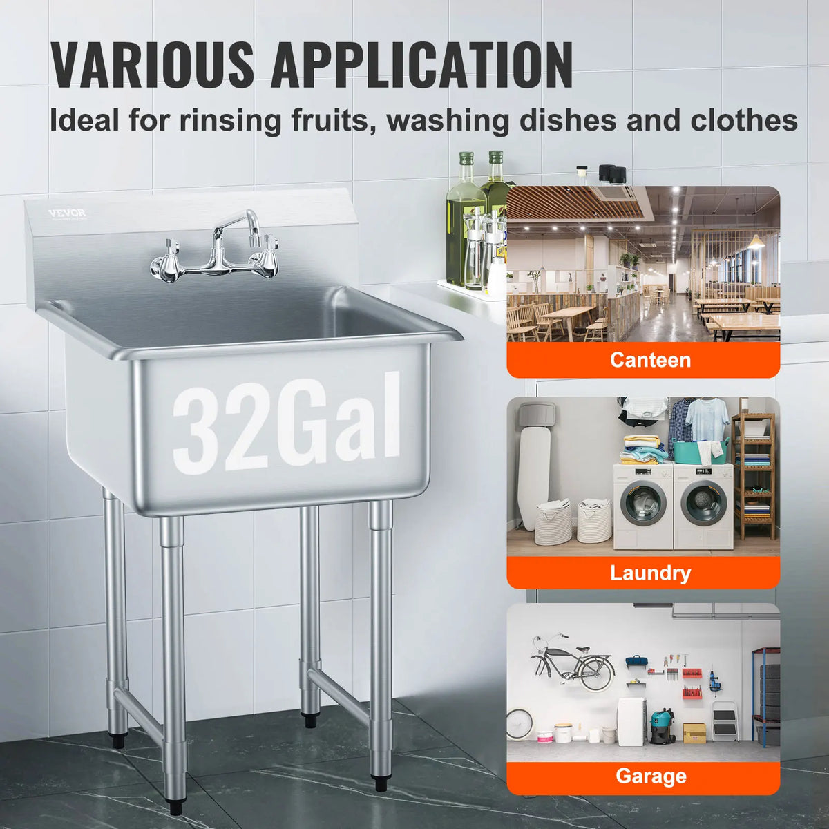 Stainless Steel Commercial Kitchen Sink With Faucet Free Standing Frame