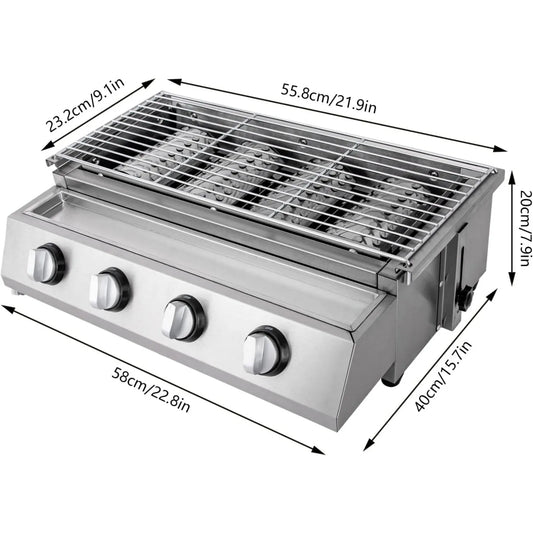 Professional Four Burner Stainless Steel Tabletop Propane Gas Grill Smokeless