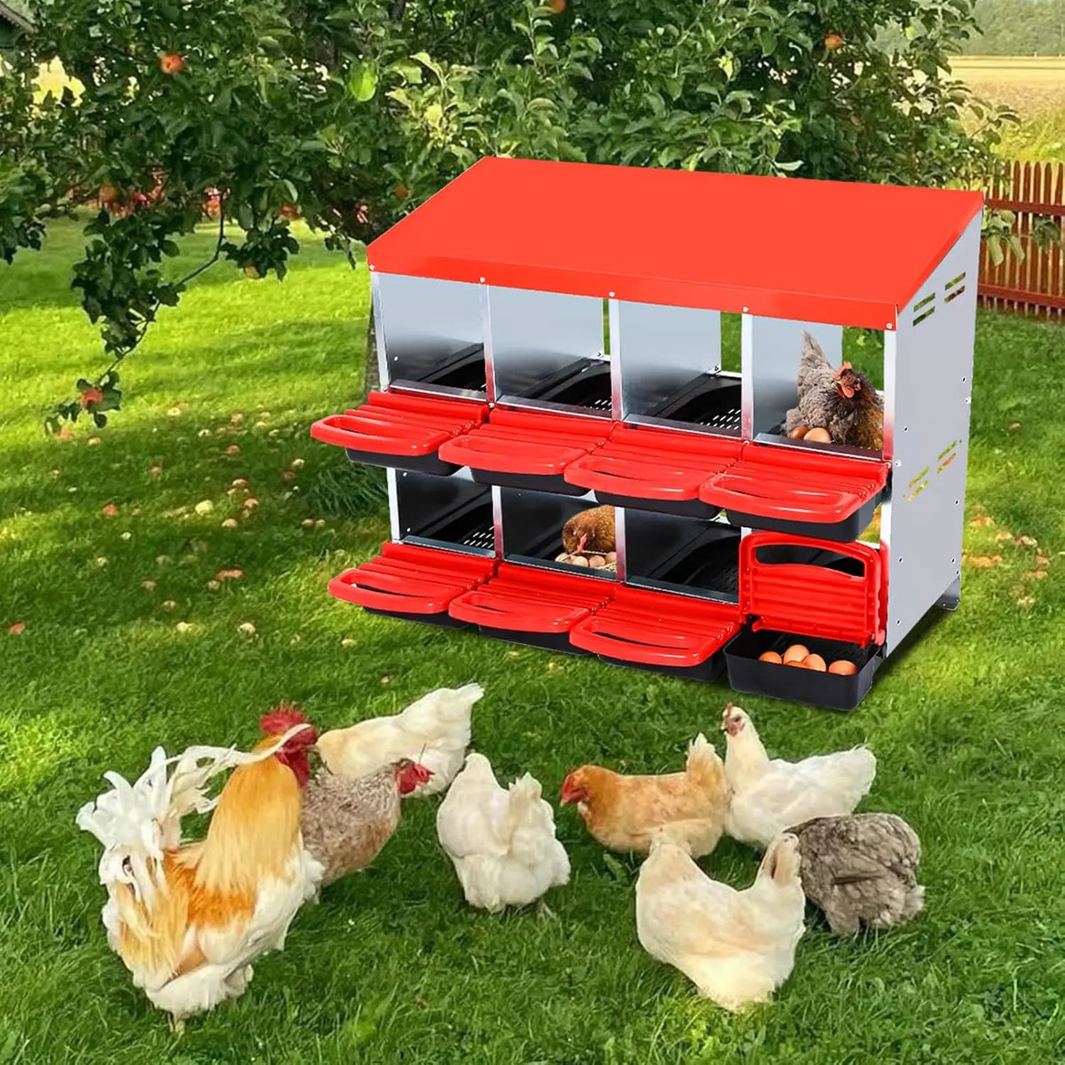 HiMISS Metal Hen Nesting Box With Roll Out Egg Collection Multi Compartment Chicken Coop