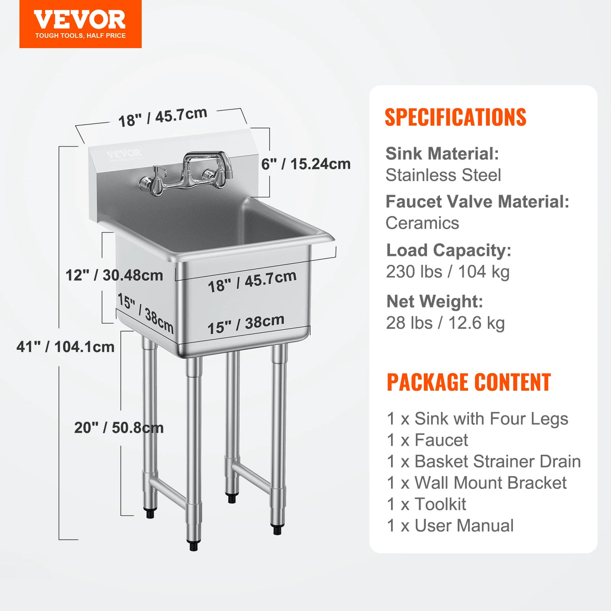 Stainless Steel Commercial Kitchen Sink With Faucet Free Standing Frame
