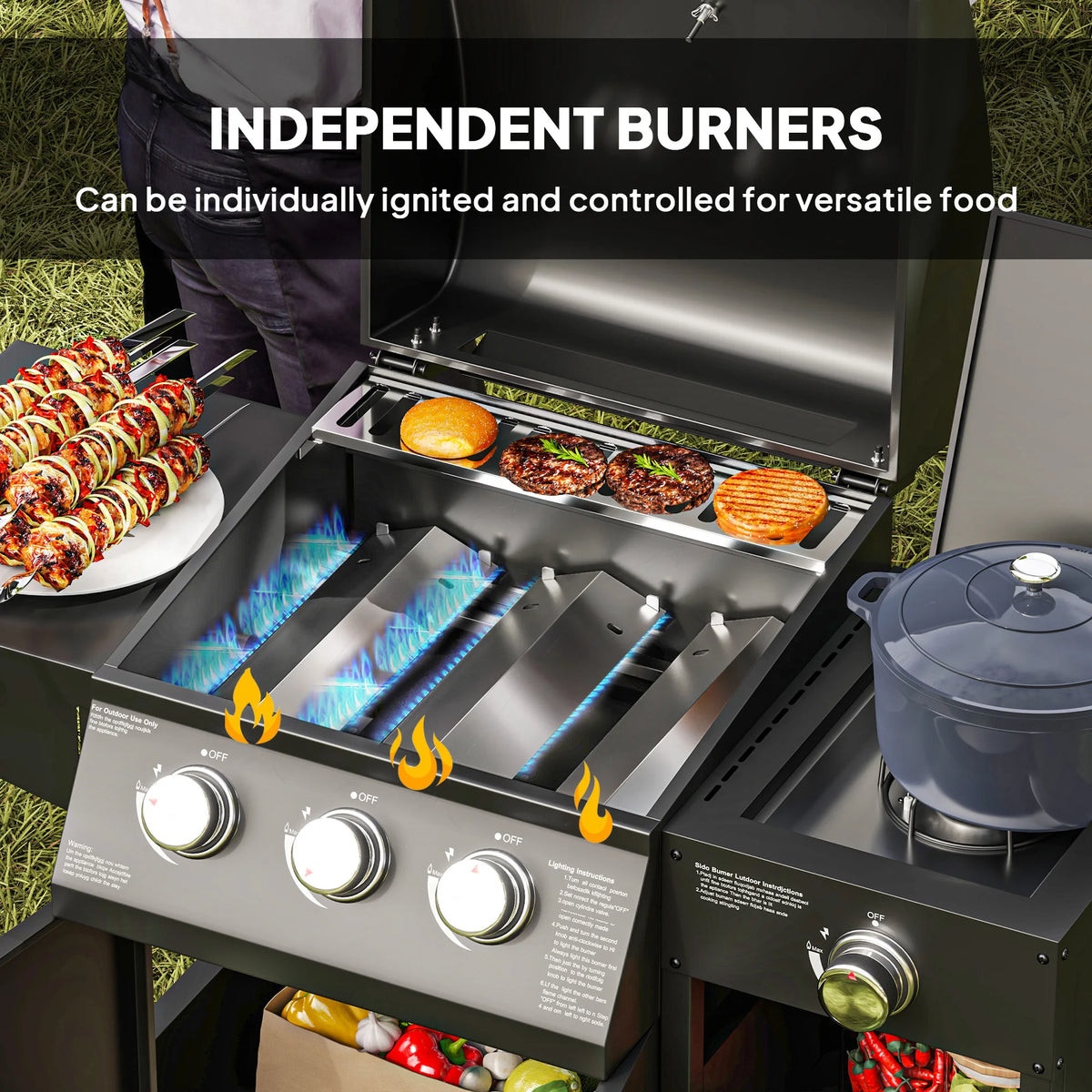 Three Burner Propane Gas Grill With Side Burner And Shelves