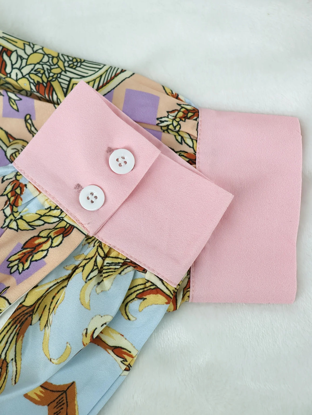Elegant Women Two Piece Knit Jersey Matching Set With Ornate Print Button Shirt Top And Pants