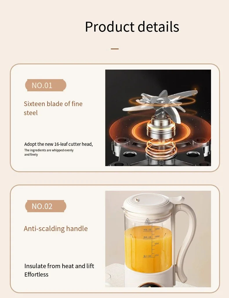 1400ml Glass Soy Milk Maker 16 Blades 9 Functions Automatic Blender Nut Milk Maker Soup Porridge Juicer with Timer