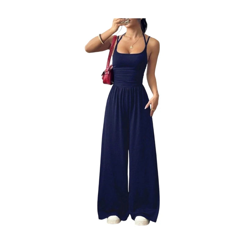 Women's Polyester Solid Square Neck Ruched Waist Wide Leg Jumpsuit