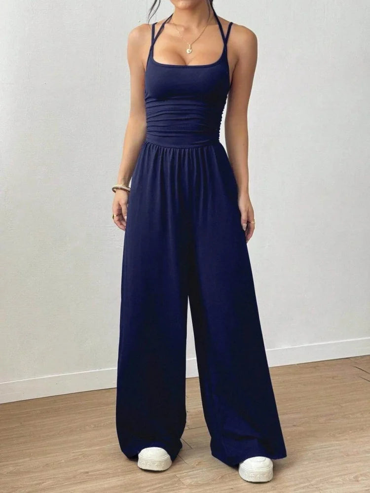 Women's Polyester Solid Square Neck Ruched Waist Wide Leg Jumpsuit