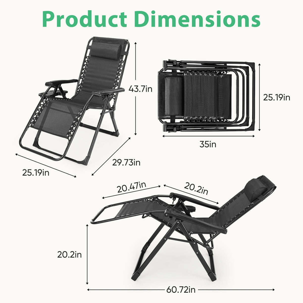 JHK Portable Zero Gravity Recliner Chairs Set Of 2 With Cup Holders Outdoor