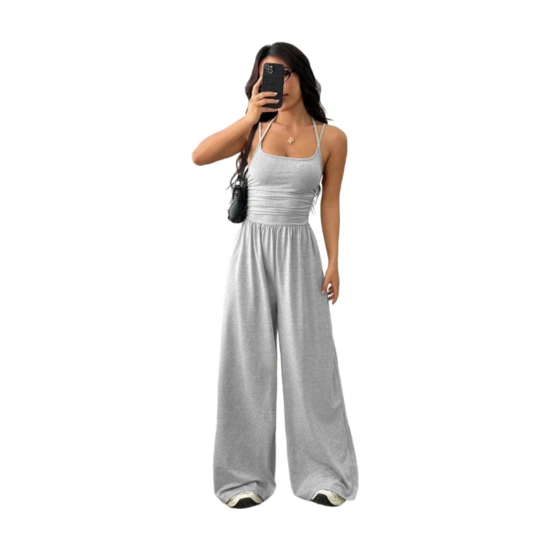 Women's Polyester Solid Square Neck Ruched Waist Wide Leg Jumpsuit
