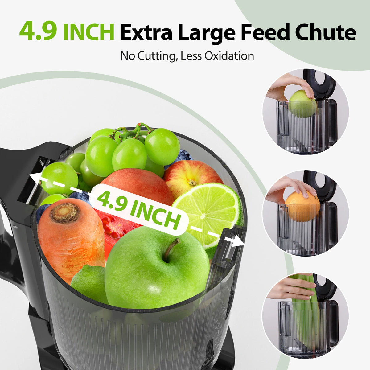 Cold Press Juicer 50 RPM 4.9" Whole Fruit No Cut Easy Clean with Safety Lock Reverse Function