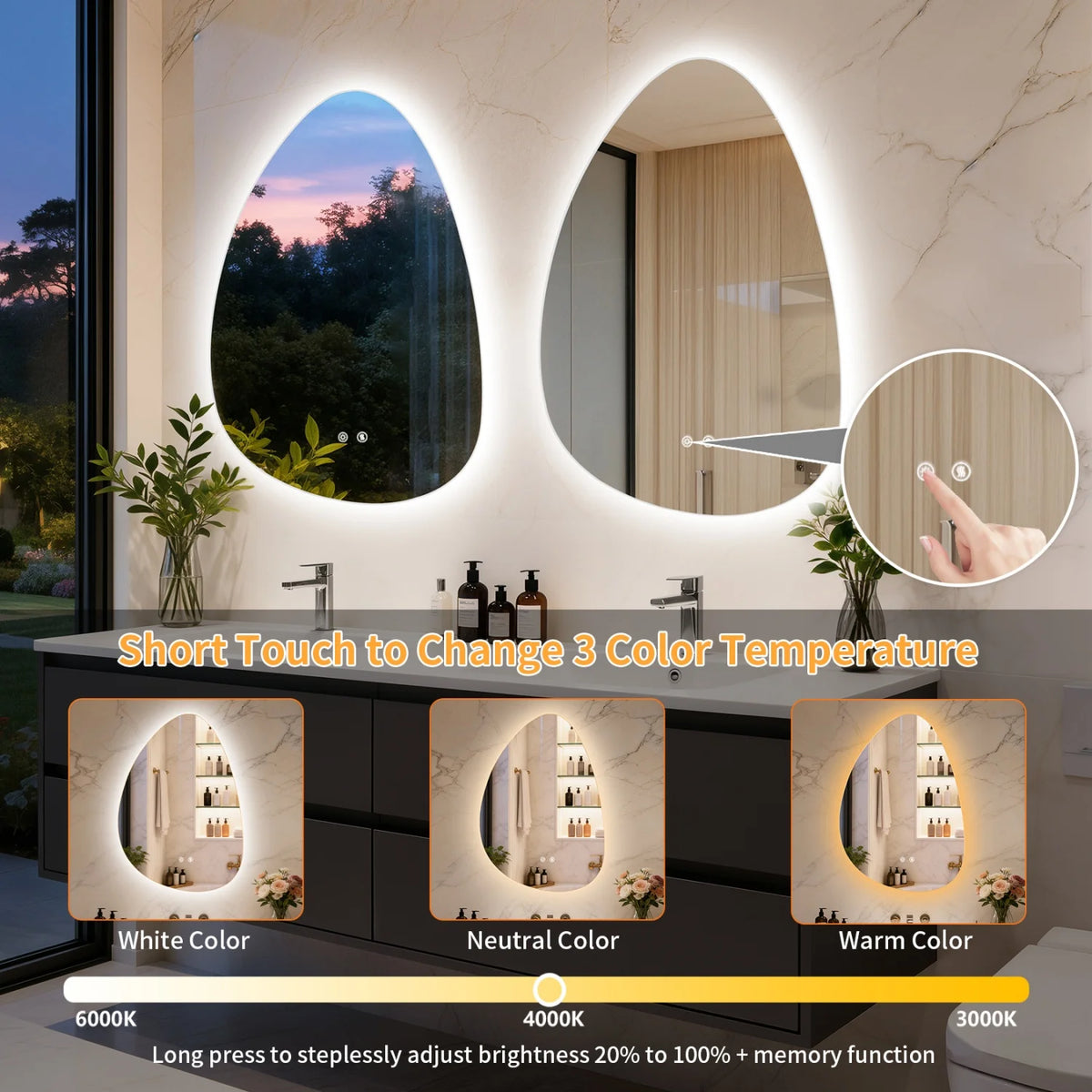 LED Wall Mounted Bathroom Mirror With Anti Fog And Three Color Settings