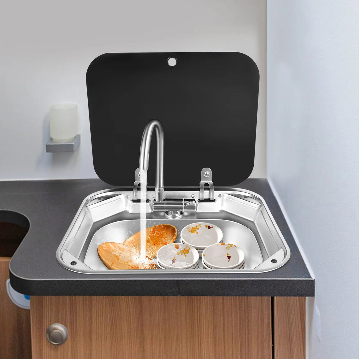 RV Sink With Foldable Tempered Glass Cover And Faucet Stainless Steel Camper Van