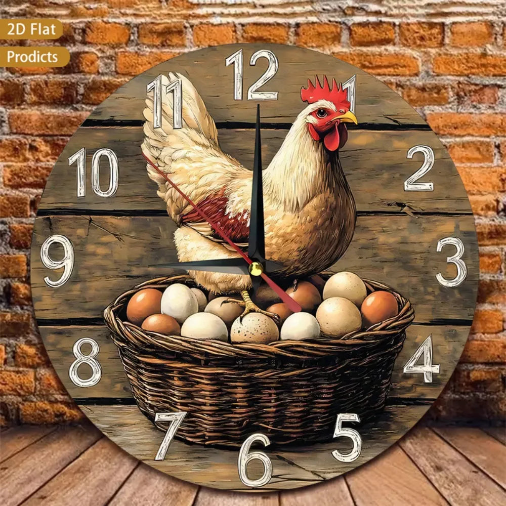 Farmhouse Chicken Wall Clock Rustic Wood Silent Non Ticking Nursery Decor Chicks